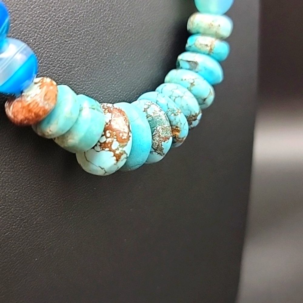 Untreated 495 Cts Natural Turquoise & Onyx Beaded Gemstone Necklace Unisex #1 - Picture 4 of 10
